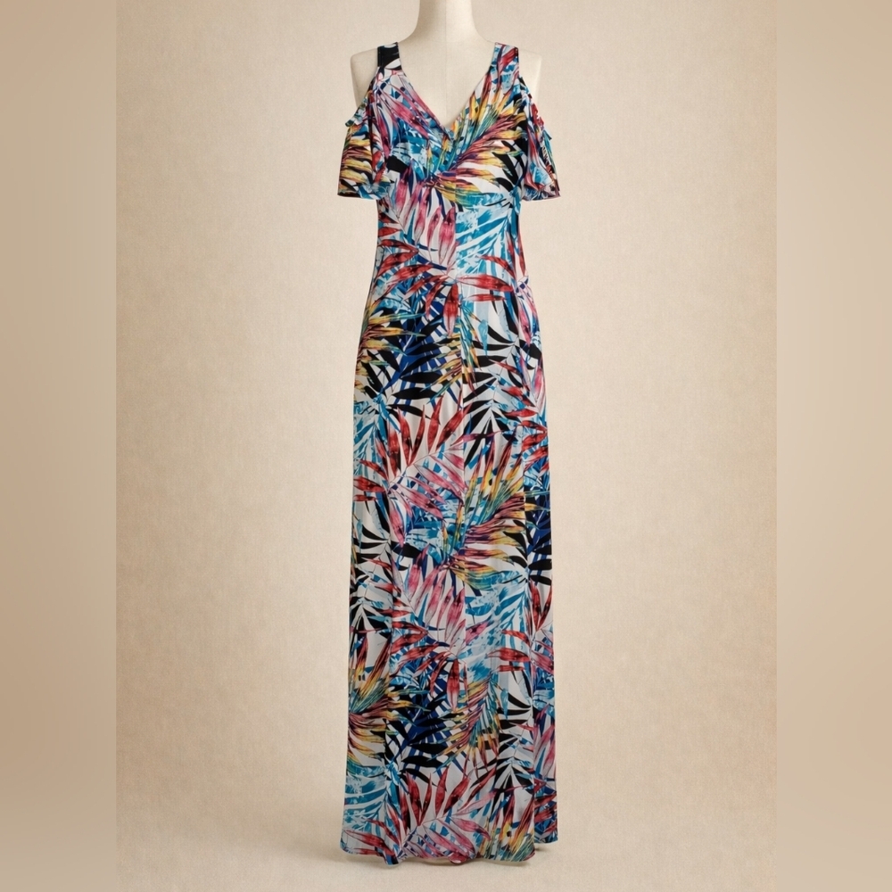 Connected Apparel Multicolor Leaf Print Maxi Dress